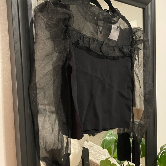 NEW Black Forever21 Mesh Lantern Sleeve Blouse - Picture 7 of 10